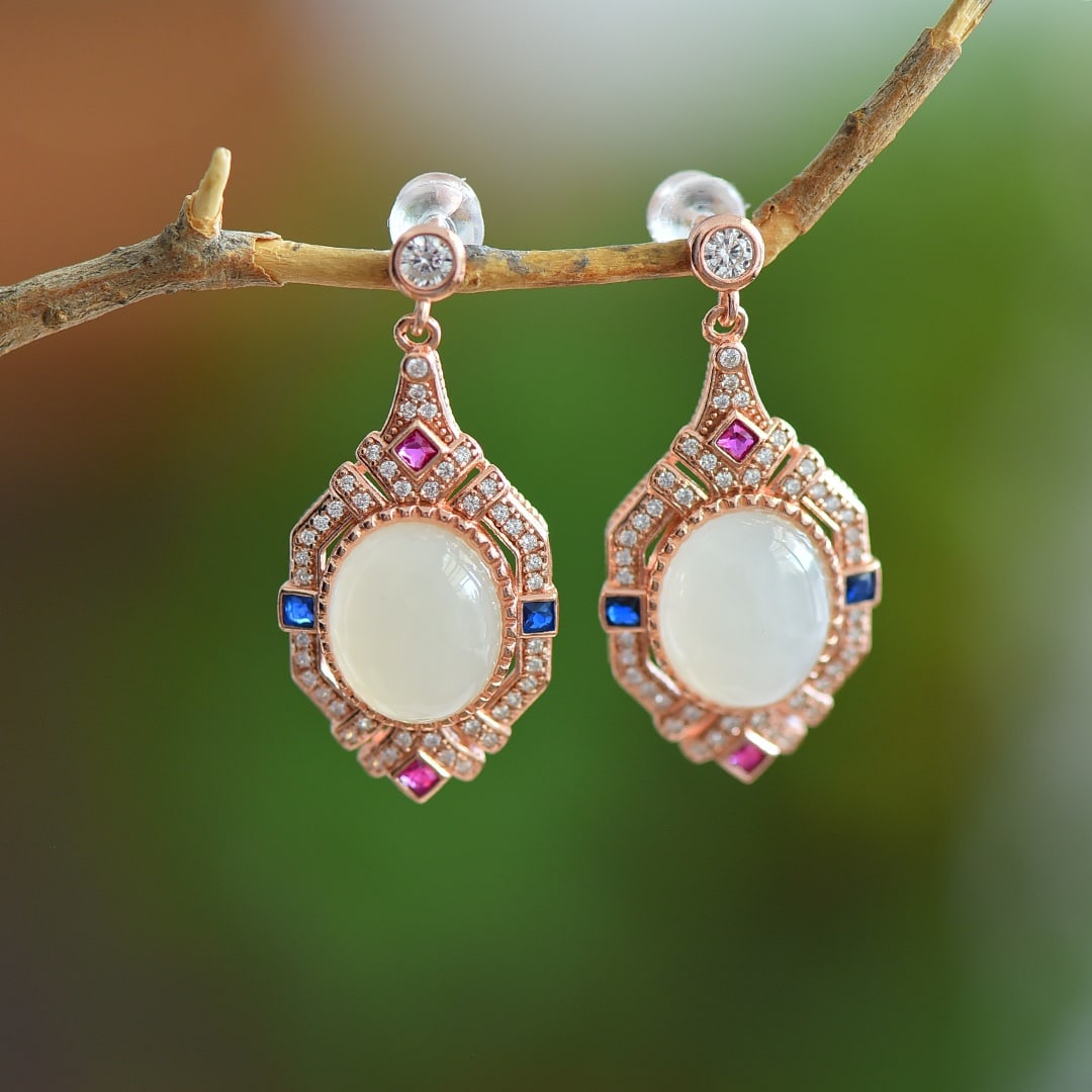 A Pair of Exquisite Sterling Silver-Gold Plated Inlaid White Jade Earrings: A Pair of Exquisite Sterling Silver-Gold Plated Inlaid White Jade Earrings, 一对纯银镀金镶白玉耳环