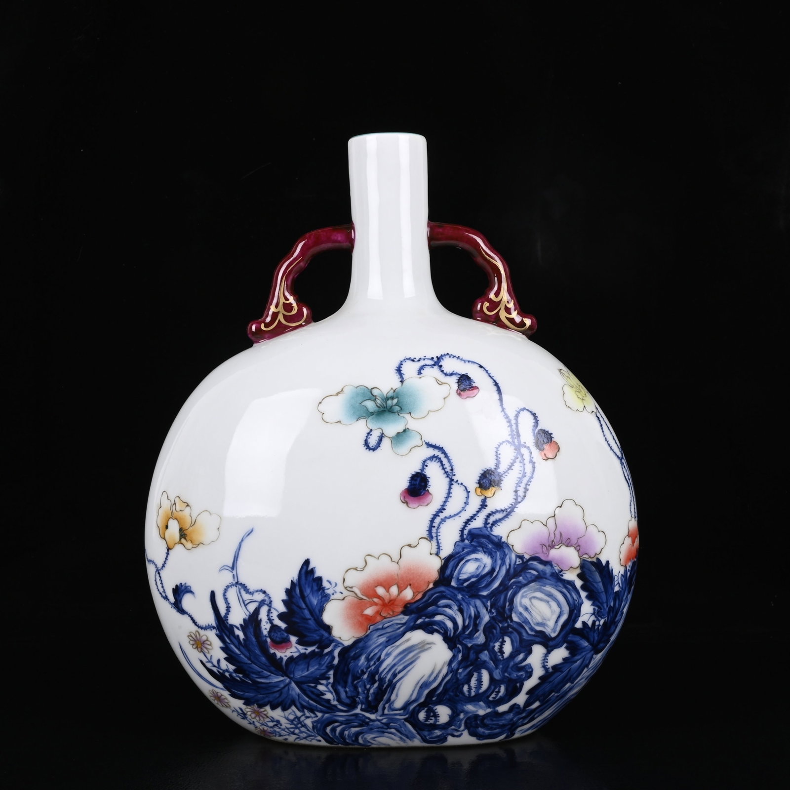 A Rare Enamel Flower and Butterfly Pattern Double-Ears Vase: A Rare Enamel Flower and Butterfly Pattern Double-Ears Vase,Qing Dynasty,China,Qianlong Six-Character Mark,Size:11.8inx9.8in 珐琅彩花卉蝴蝶纹双