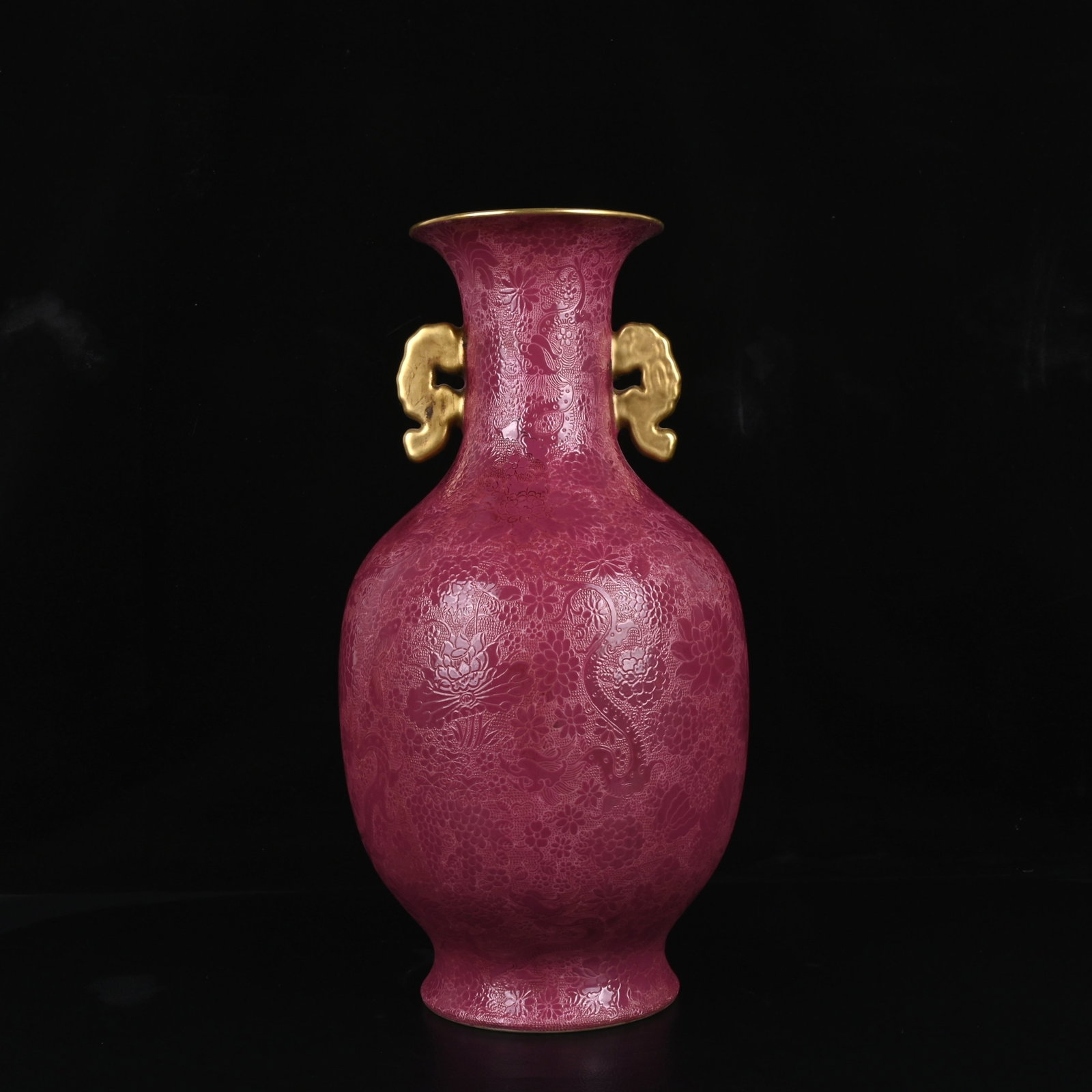 A Rare Ruby Red Glazed Flower and Dragon Pattern Double-Ears Vase - 3