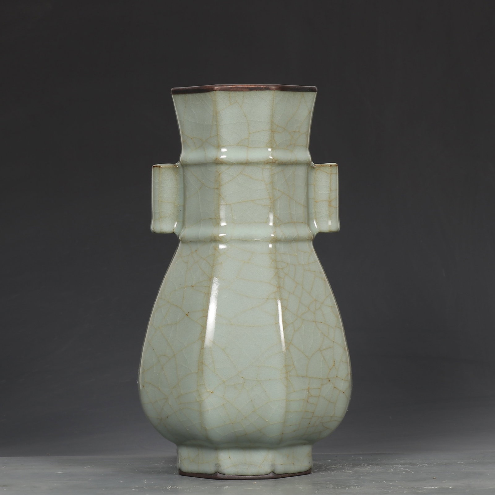 An Exquisite Guan yao Celadon Glazed Cover with Silver Double-Ears Vase,with an Imperial Poem by: An Exquisite Guan yao Celadon Glazed Cover with Silver Double-Ears Vase,with an Imperial Poem by Emperor Qianlong,Song Dynasty,China,Size:10.6inx6.1in