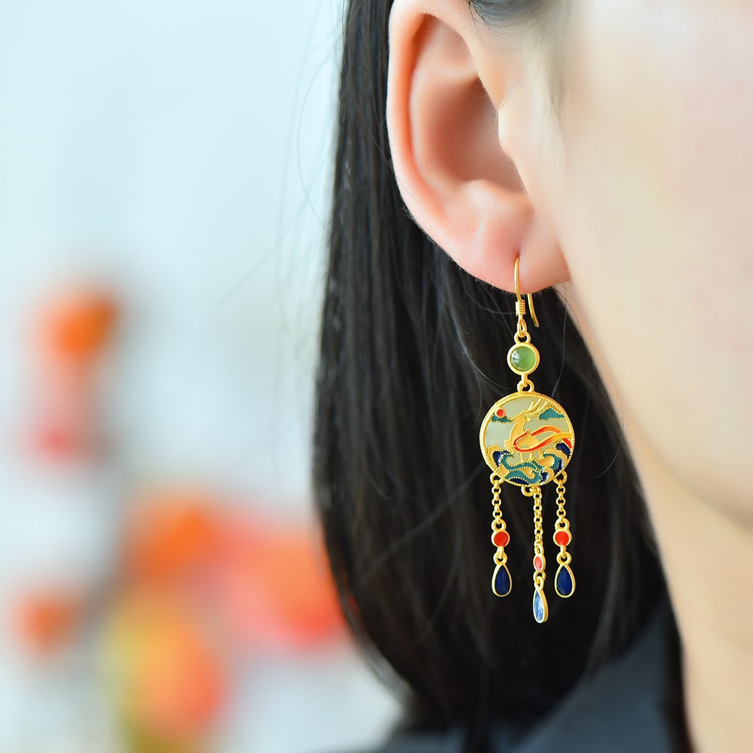 A Pair of Exquisite Sterling Silver-Gold Plated Inlaid White Jade Earrings: A Pair of Exquisite Sterling Silver-Gold Plated Inlaid White Jade Earrings 一对纯银镀金镶白玉耳环