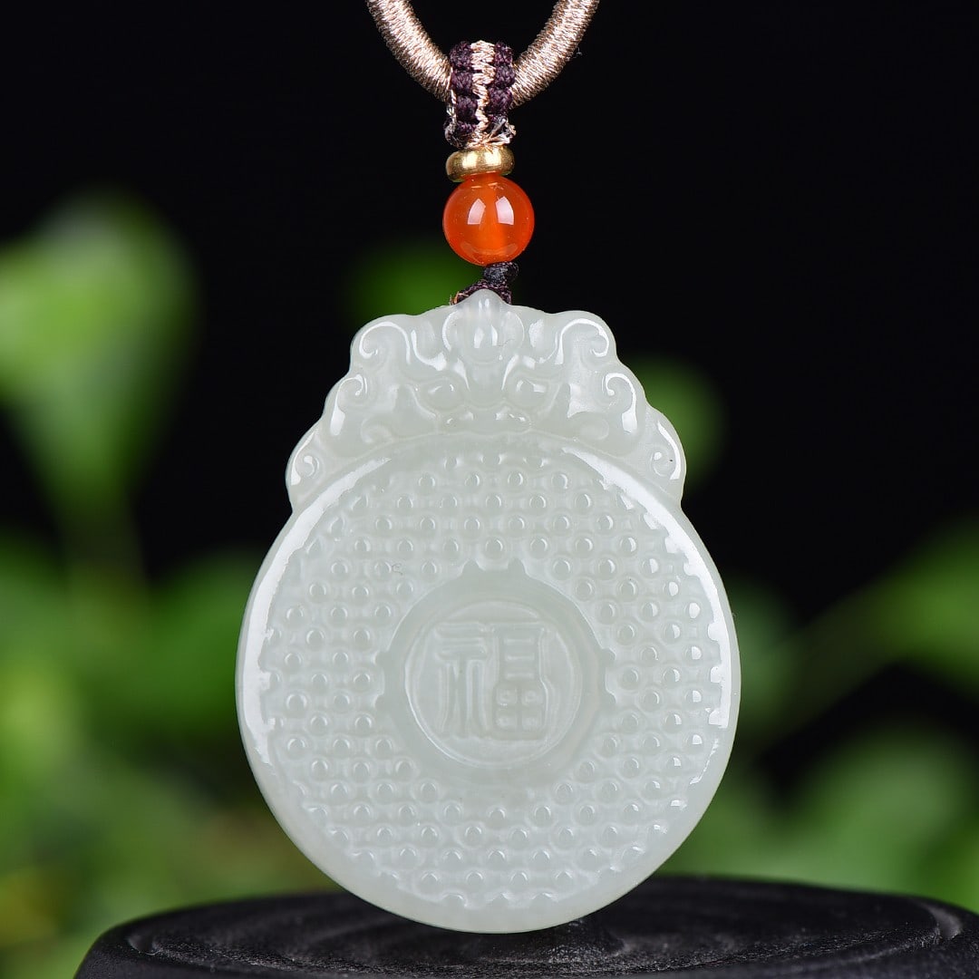 An Exquisite White Jade Fu-Character Pattern Pendant: An Exquisite White Jade Fu-Character Pattern Pendant,Size:35mmx45mm 白玉福字纹挂件