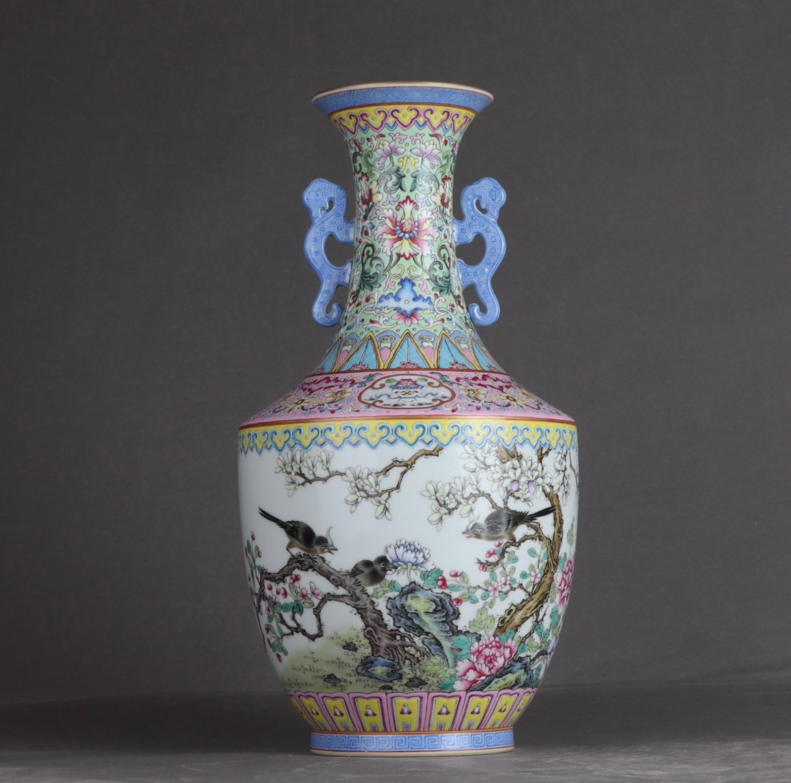 An Exquisite Famille-Rose Green Ground Flower and Bird Pattern Double-Ears Vase,with poem: An Exquisite Famille-Rose Green Ground Flower and Bird Pattern Double-Ears Vase,with poem,Qing Dynasty,China,Qianlong Six-character Mark,Size:12.7inx6.7in 粉彩绿地花Ɣ