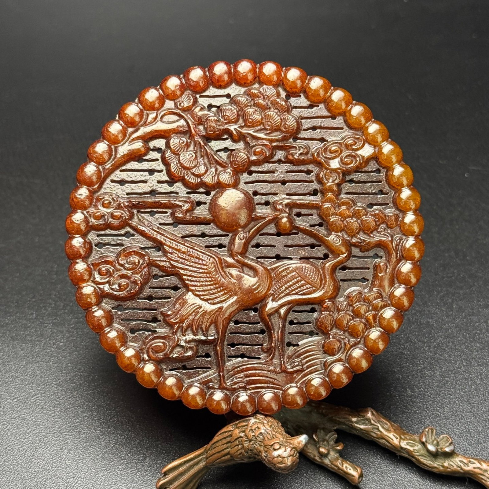 An Exquisite Archaic Jade Pine and Crane Pattern Pendant: An Exquisite Archaic Jade Pine and Crane Pattern Pendant,Ancient Time,China,Size:75mmx5mm,Weight:53g 高古玉松鹤纹牌,中国远古时&#