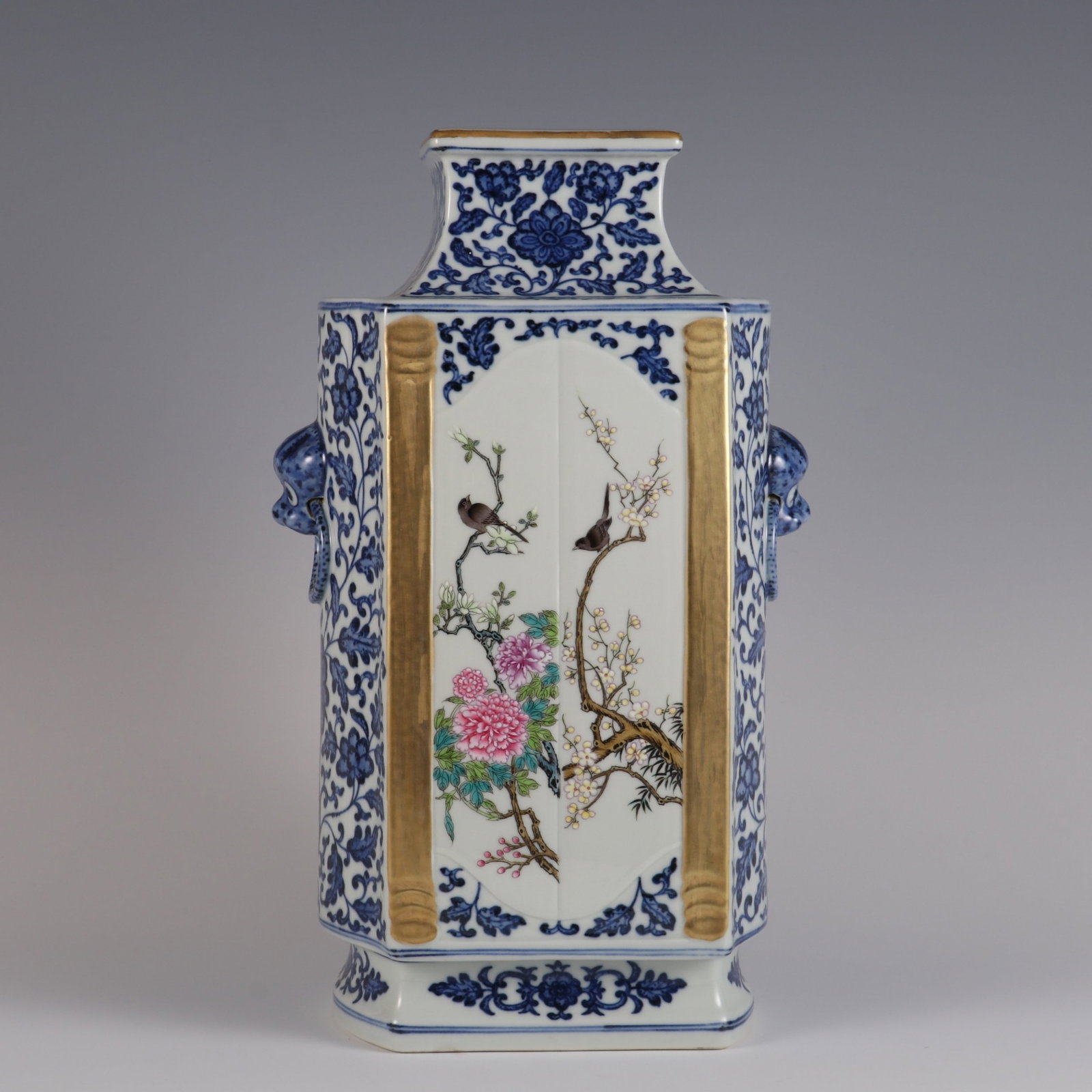 An Exquisite Blue and White Famille-Rose Flower and Bird Pattern Beast-Ears Vase: An Exquisite Blue and White Famille-Rose Flower and Bird Pattern Beast-Ears Vase,Qing Dynasty,China,Qianlong Six-character Mark,Size:13.3inx7.3in 青花粉彩花鸟ಬ