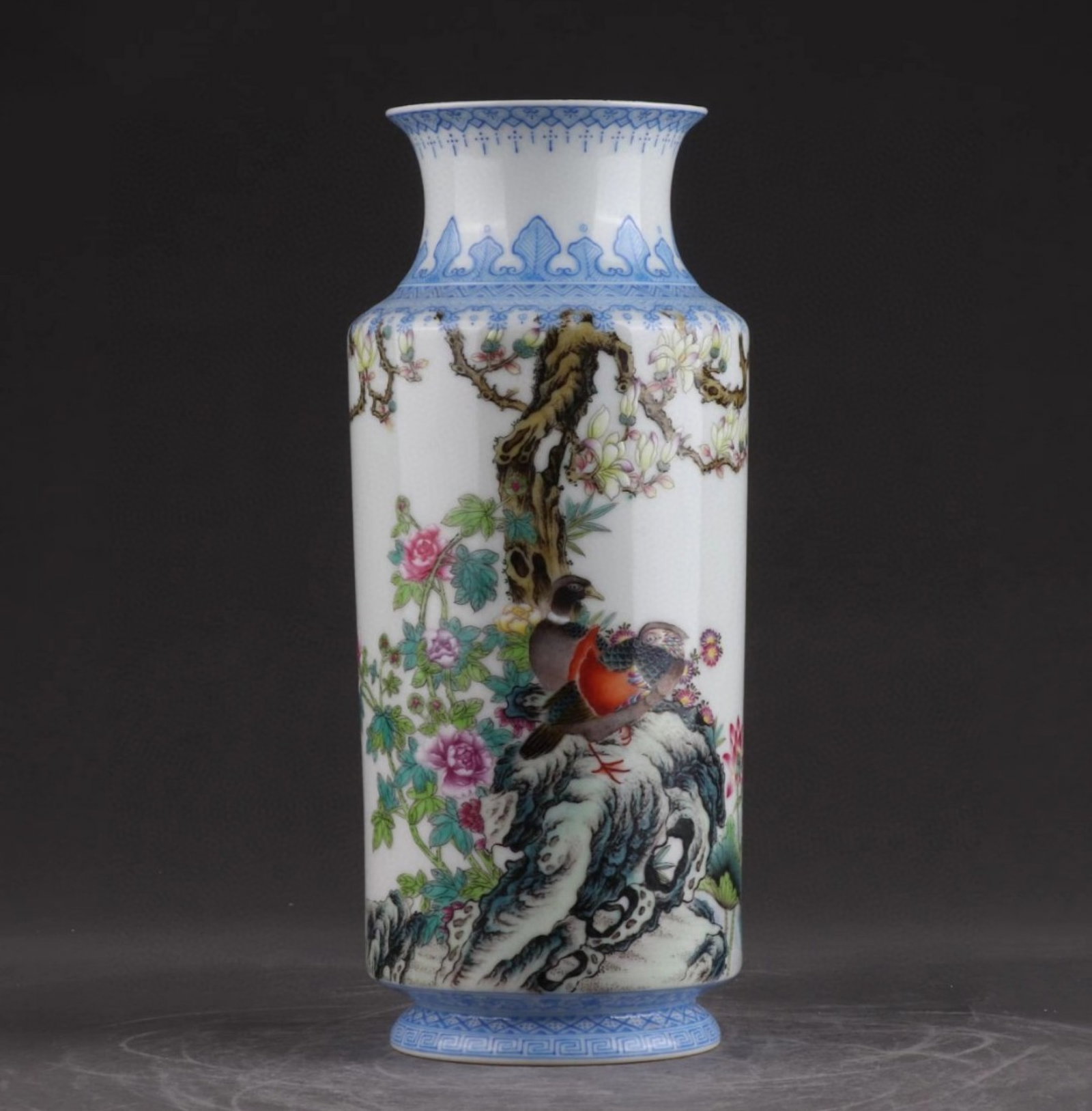 An Exquisite Enamel Flower and Bird Pattern Vase,with poem: An Exquisite Enamel Flower and Bird Pattern Vase,with poem,Qing Dynasty,China,Qianlong Four-character Mark,Size:8.7inx3.9in 珐琅彩花鸟纹瓶,带诗