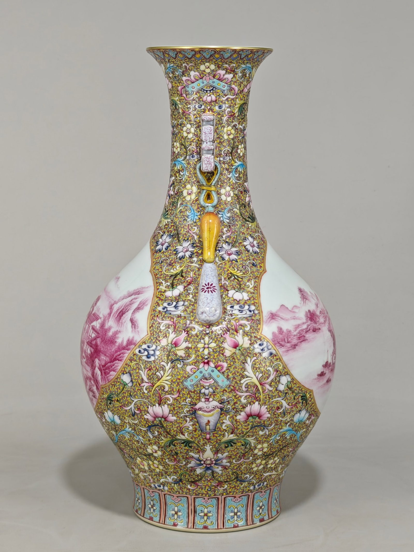 A Rare Enamel Ruby Red-Glazed Landscape Pattern Double-Ears Vase - 2