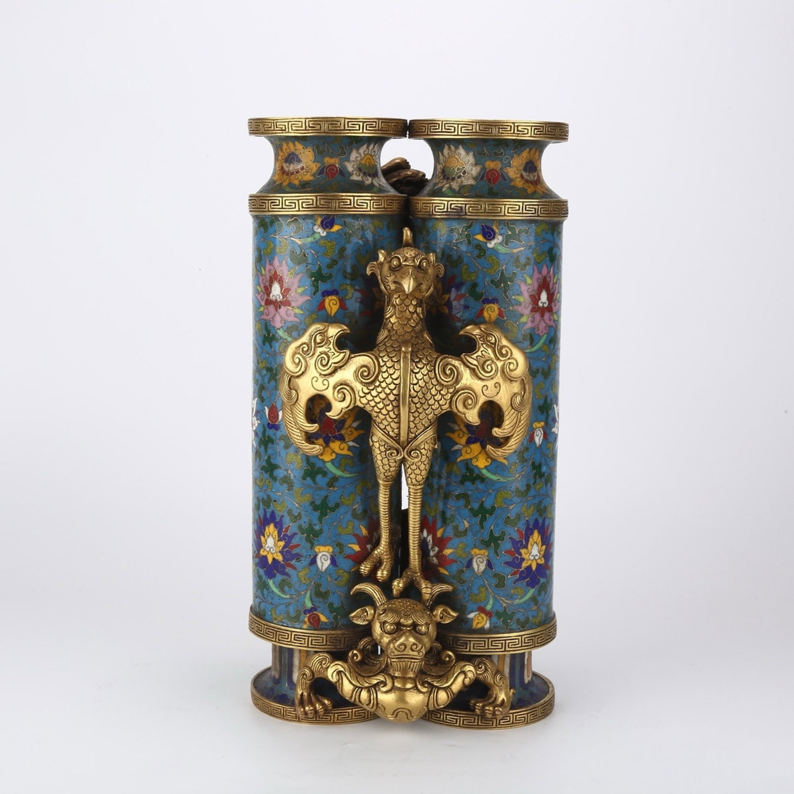 An Exquisite Cloisonne Lotus,Dragon and Phoenix Pattern Vase: An Exquisite Cloisonne Lotus,Dragon and Phoenix Pattern Vase,Qing Dynasty, China,Size:11inx5.9in,Weight:5.4kg 景泰蓝缠枝莲龙凤纹瓶,中&