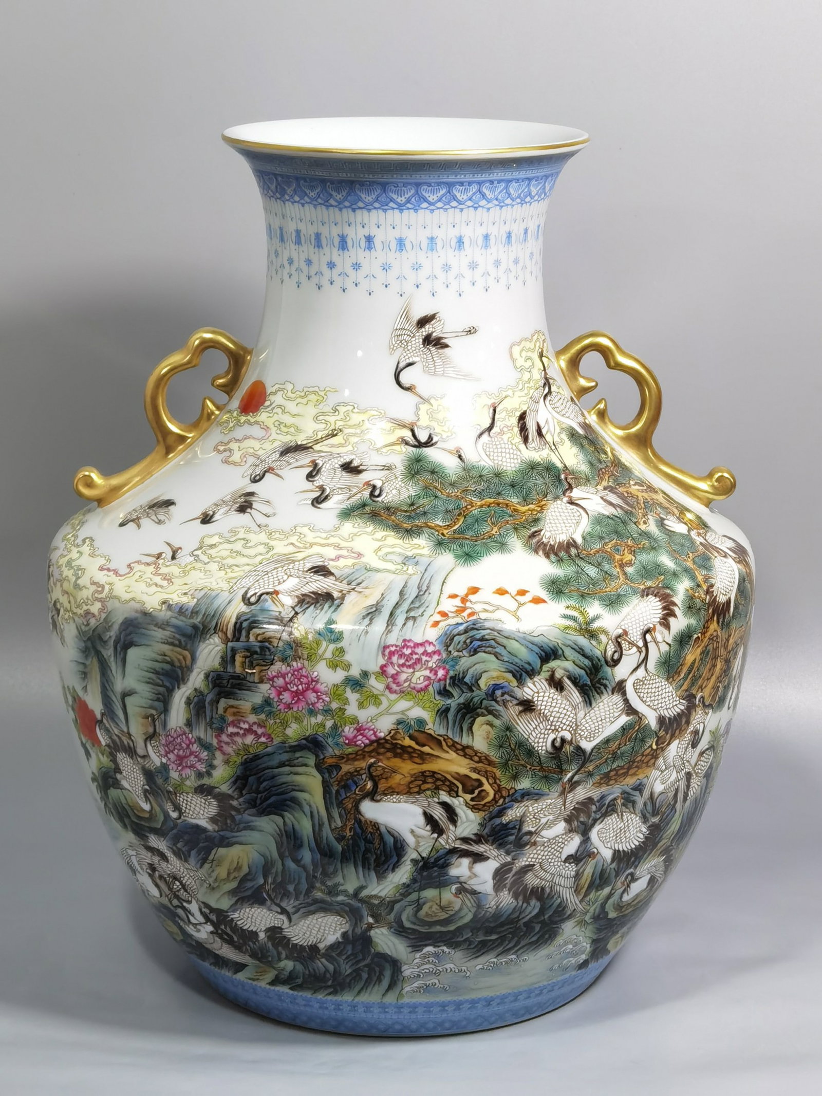 A Rare Famille-Rose Pine and Crane Pattern Double-Ears Vase,with poem: A Rare Famille-Rose Pine and Crane Pattern Double-Ears Vase,with poem,Qing Dynasty,China,Yongzheng Six-character Mark,Size:12.6inx10.4in