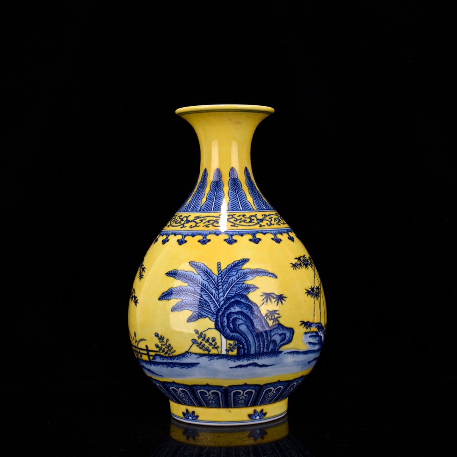 An Exquisite Yellow Glazed Blue and White Pine: An Exquisite Yellow Glazed Blue and White Pine,Bamboo and Plum Blossom Pattern Vase,Qing Dynasty,China,Qianlong Six-character Mark,Size:13.4inx8.3in