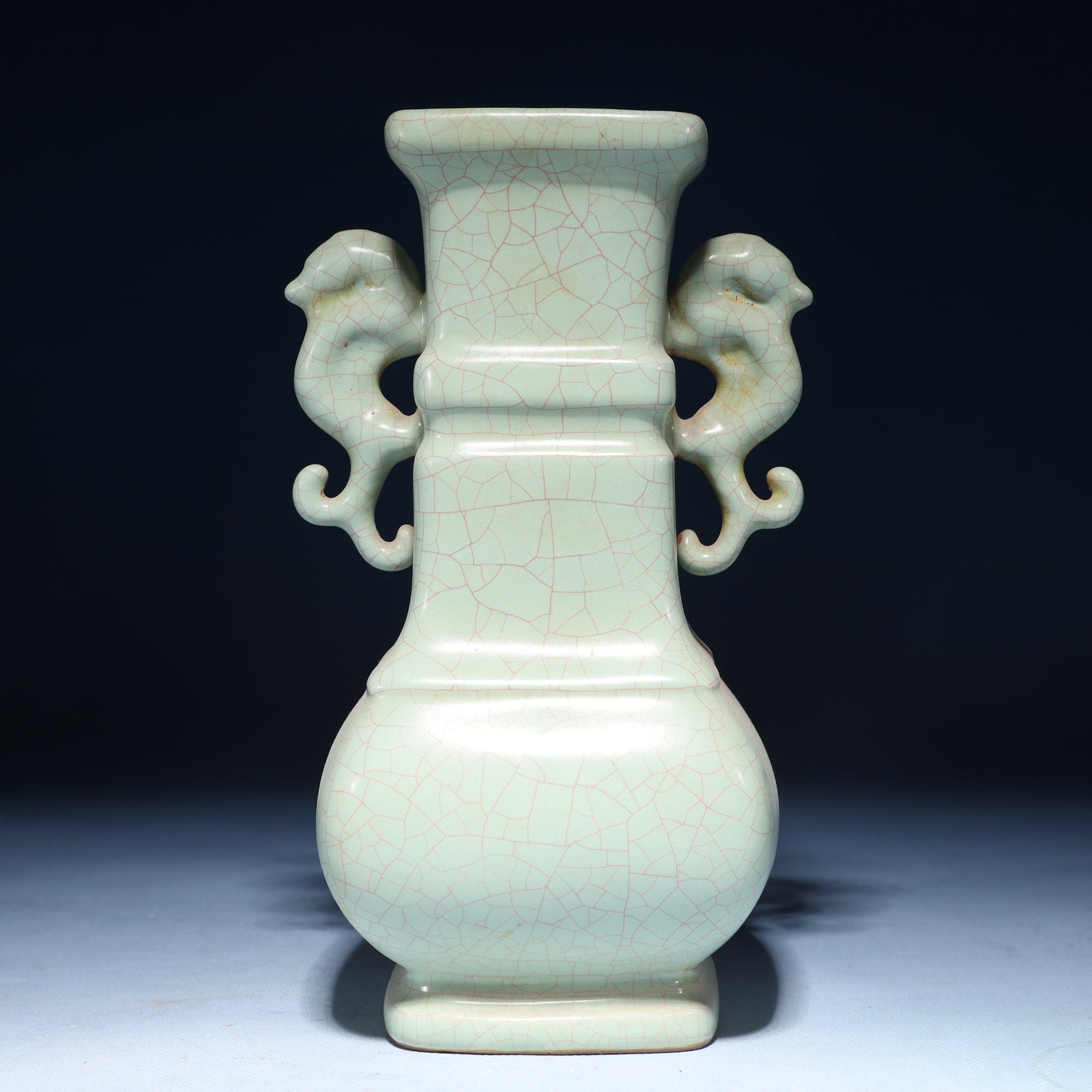 An Exquisite Guan yao Beast-Ears Vase: An Exquisite Guan yao Beast-Ears Vase Guan yao Beast-Ears Vase,Song Dynasty,China,Size:5.5inx4.3inx9.1in,Weight:1000g 官窑兽耳瓶,中国宋代