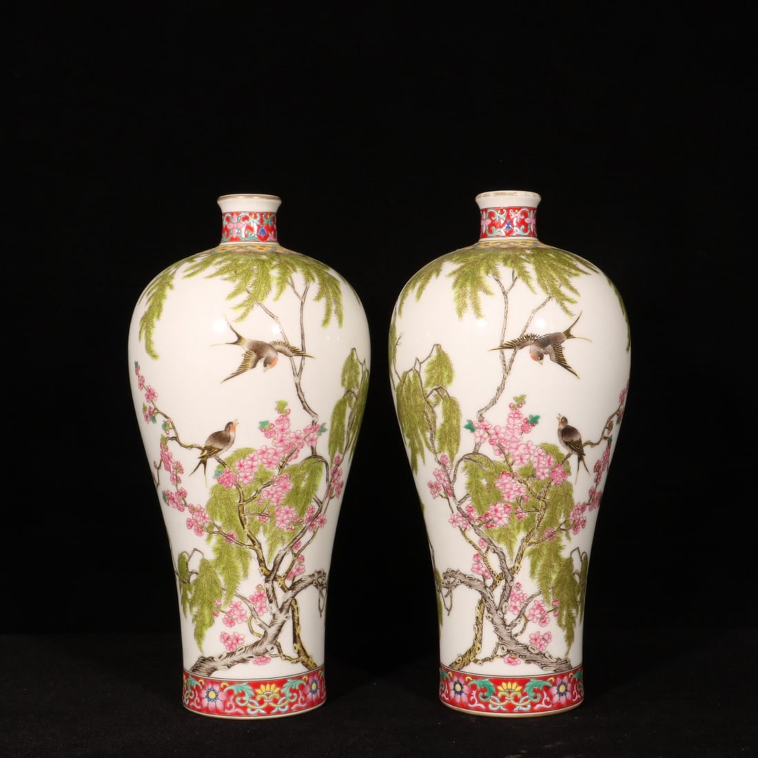 A Pair of Exquisite Famille-Rose Flower and Bird Pattern Vases,with poem: A Pair of Exquisite Famille-Rose Flower and Bird Pattern Vases,with poem,Qing Dynasty,China,Yongzheng Four-character Mark,Size:9.8inx4.3in