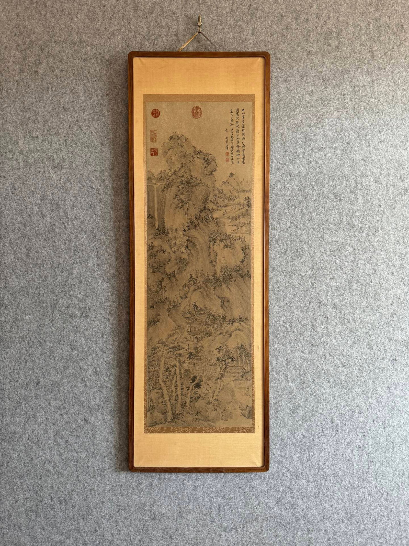 A Chinese Ink Painting of Landscape on Paper with Frame: A Chinese Ink Painting of Landscape on Paper with Frame,Wang Hui,Size:13.8inx42.5in 一幅中国水墨山水画带画框,王翬