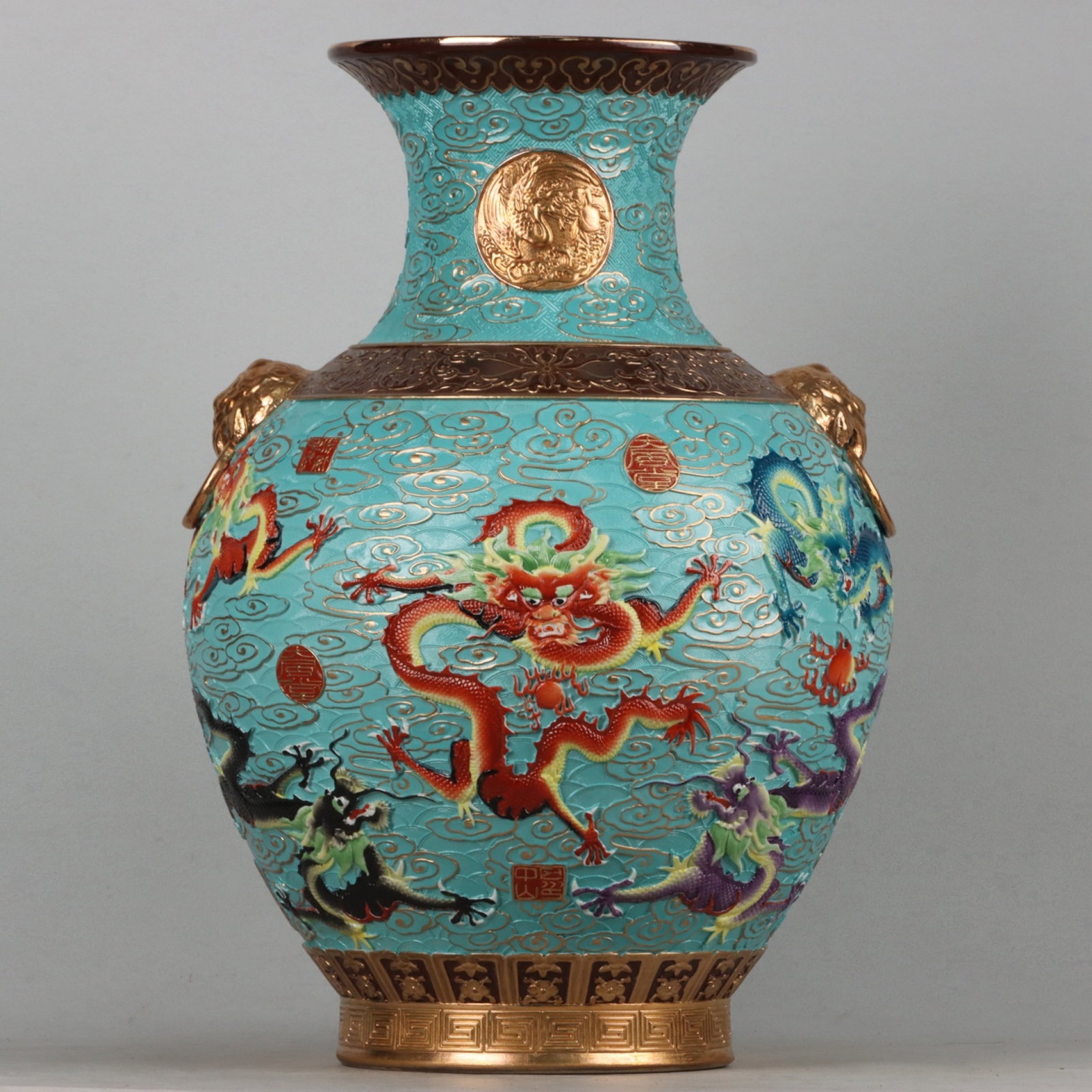 A Huge Enamel Gilt Auspicious Cloud and Dragon Pattern Beast-Ear Vase: A Huge Enamel Gilt Auspicious Cloud and Dragon Pattern Beast-Ear Vase,Qing Dynasty, China,Qianlong Six-character Mark,Size:20.9inx13.8in