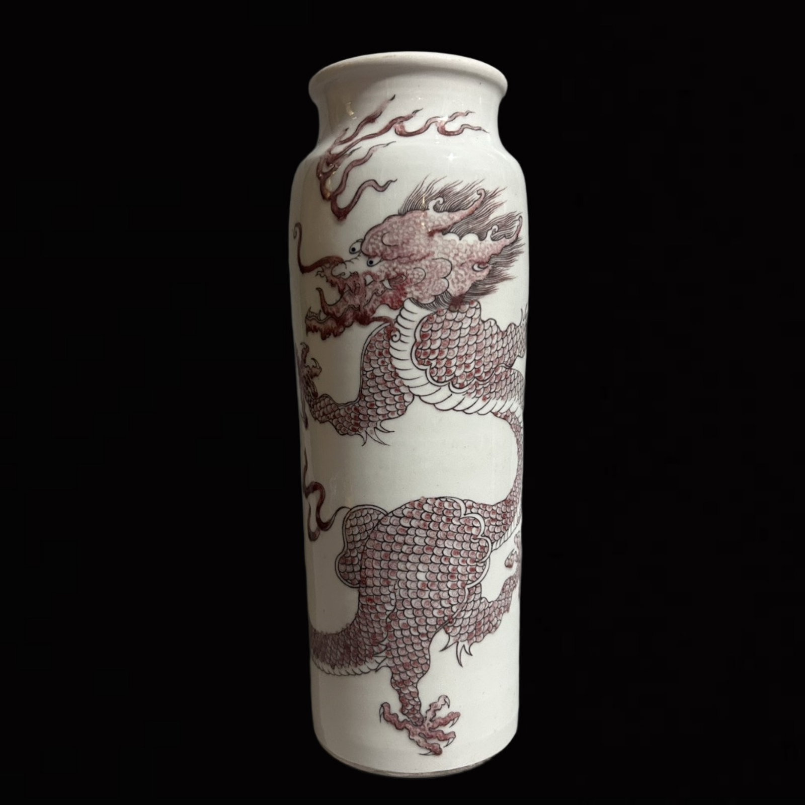 An Exquisite Underglaze-Red Dragon Pattern Vase: An Exquisite Underglaze-Red Dragon Pattern Vase,Qing Dynasty,China,Size:11.8inx3.7in 釉里红龙纹瓶,中国清代