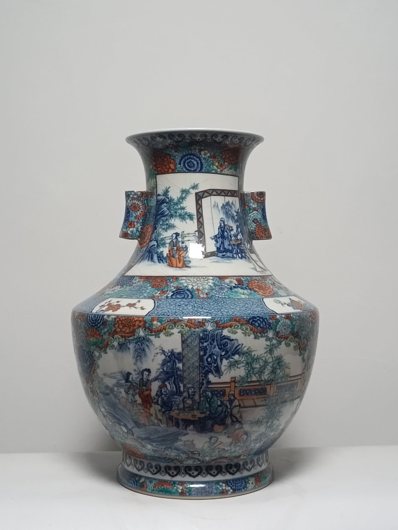 An Exquisite Doucai Character and Story Pattern Double-Ears Vase: An Exquisite Doucai Character and Story Pattern Double-Ears Vase,Qing Dynasty,China,Qianlong Six-character Mark,Size:22.7inx17.1in 斗彩人物故事纹双ň