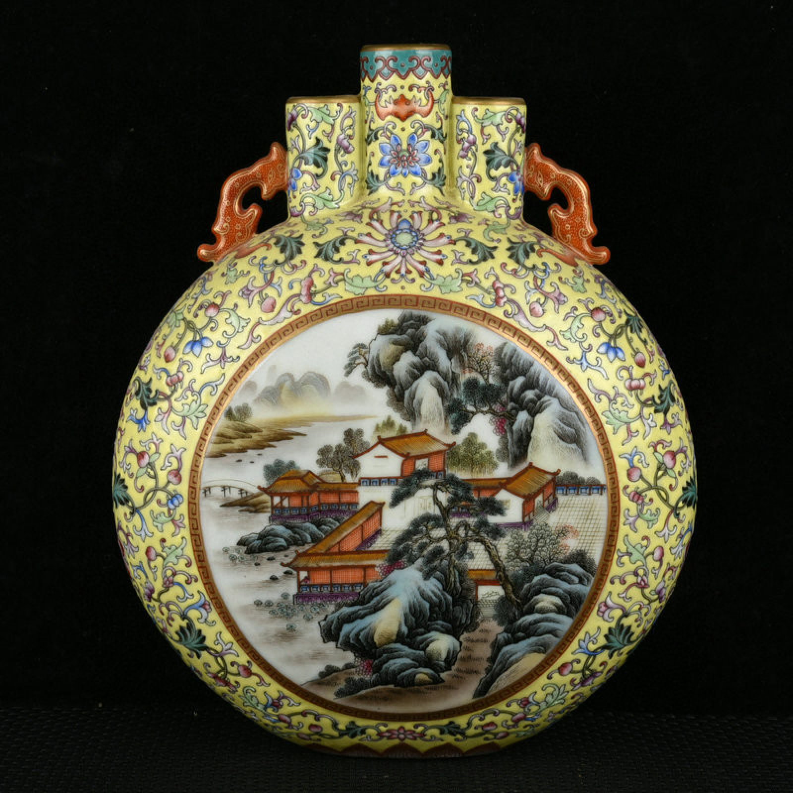 An Exquisite Yellow Ground Enamel Landscape Pattern Double-Ears Vase: An Exquisite Yellow Ground Enamel Landscape Pattern Double-Ears Vase,Qing Dynasty,China,Qianlong Four-character Mark,Size:11inx9.1inx4.3in