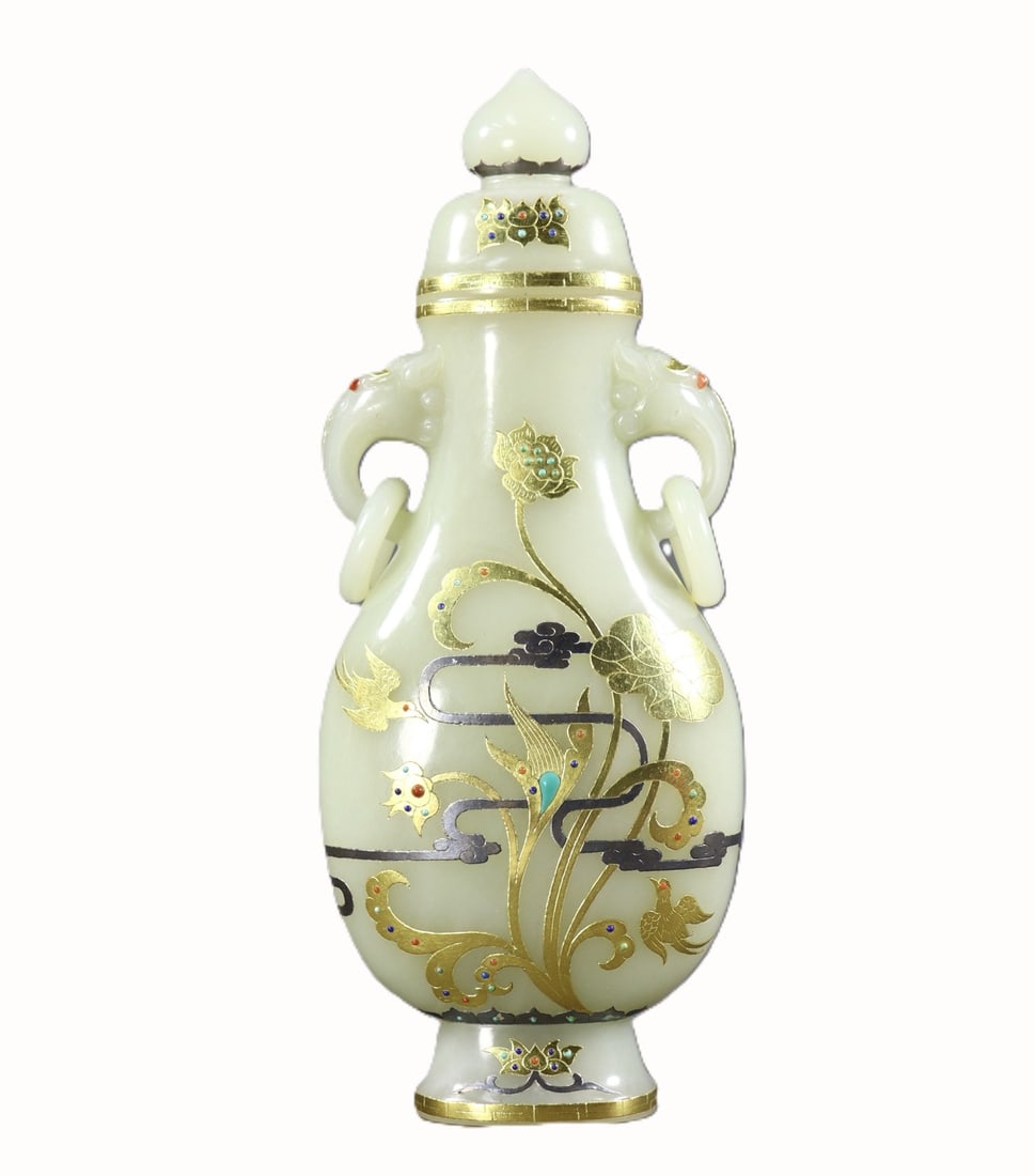 An Exquisite White Jade Inlaid Gold and Silver Flower and Bird Pattern Elephant-Ears Bottle,Inlaid (1 of 9)