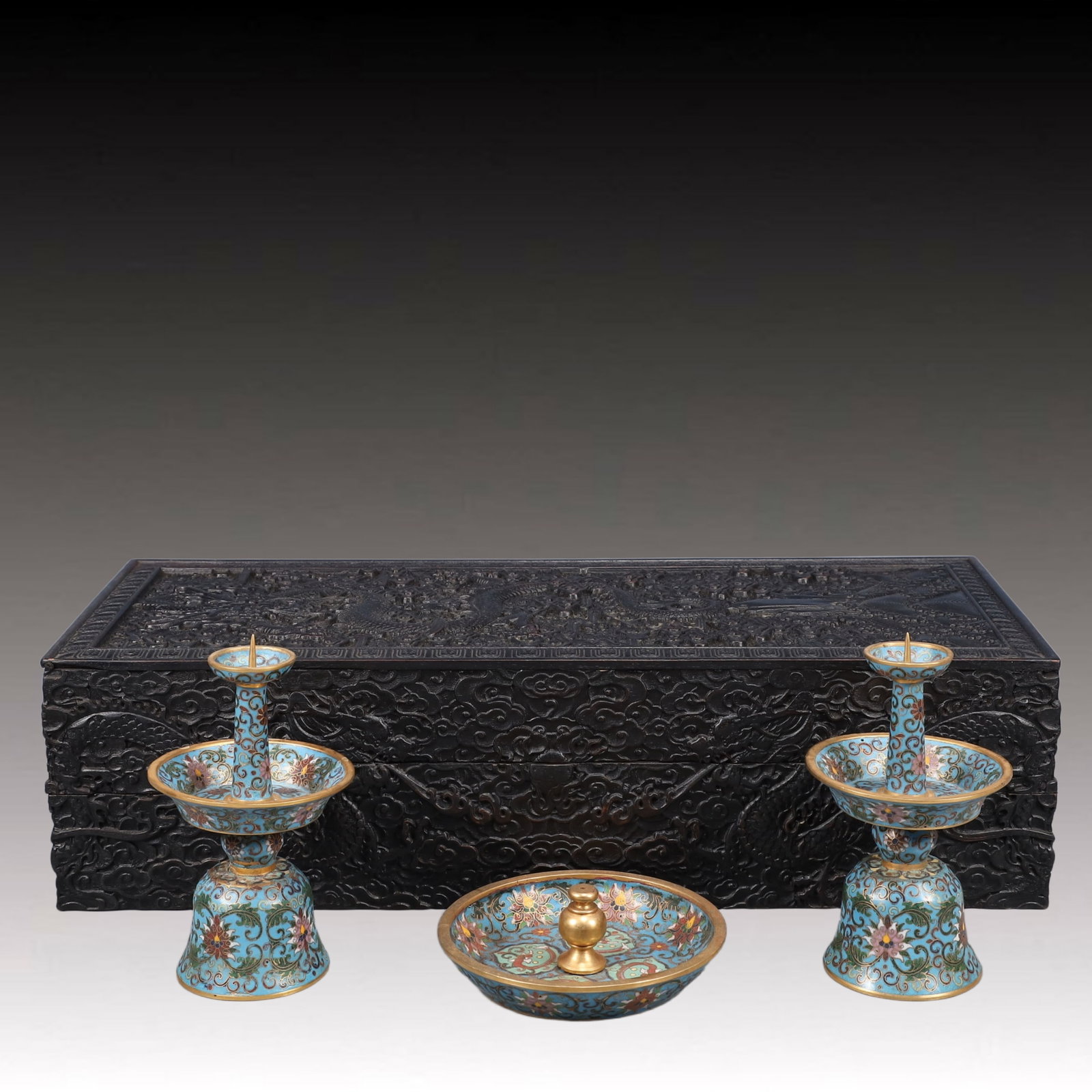 A Set of Fine Cloisonne Lotus Pattern Ornaments,With Auspicious Cloud and Dragon Pattern Box: A Set of Fine Cloisonne Lotus Pattern Ornaments,With Auspicious Cloud and Dragon Pattern Box,Qing Dynasty, China,Qianlong Four-character Mark,Size:3.9inx3.1in,(Box)21.7inx9.1inx15,Weight:1600g 一