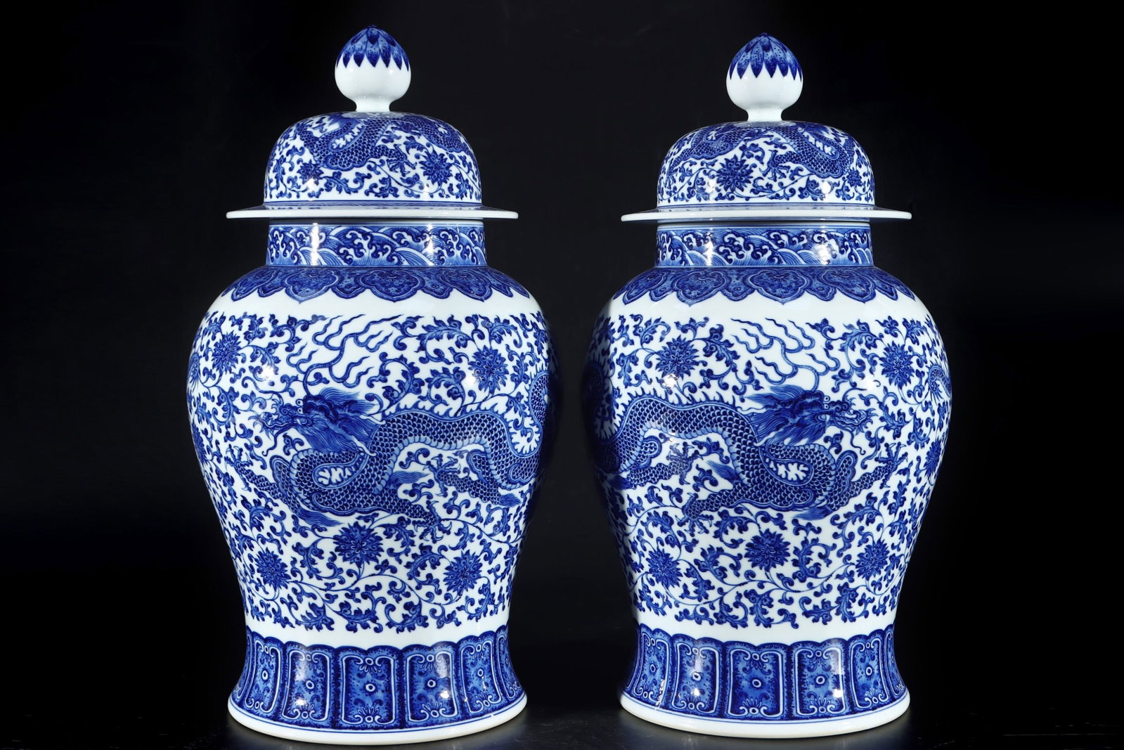A Pair of Huge Blue and White Lotus and Dragon Pattern Jars with Cover: A Pair of Huge Blue and White Lotus and Dragon Pattern Jars with Cover,Qing Dynasty,China,Qianlong Six-character Mark,Size:21.3inx11in