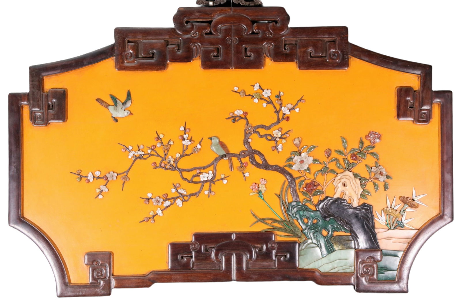 An exquisite lacquered huanghuali wood hanging screen with flower and bird patterns inlaid with (1 of 5)