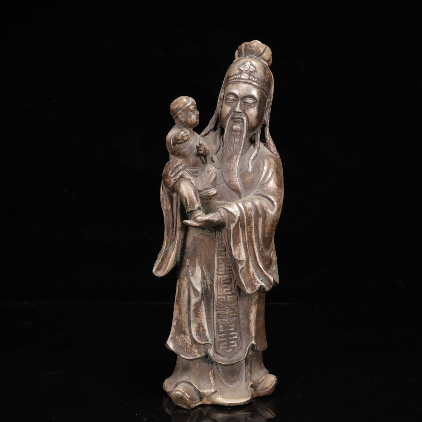 An Exquisite Silver-Plated Bronze Guan Gong Ornament: An Exquisite Silver-Plated Bronze Guan Gong Ornament,Qing Dynasty,China,Size:3.9inx2.8inx11in,Weight:1800g 铜镀银关公摆件,中国清代