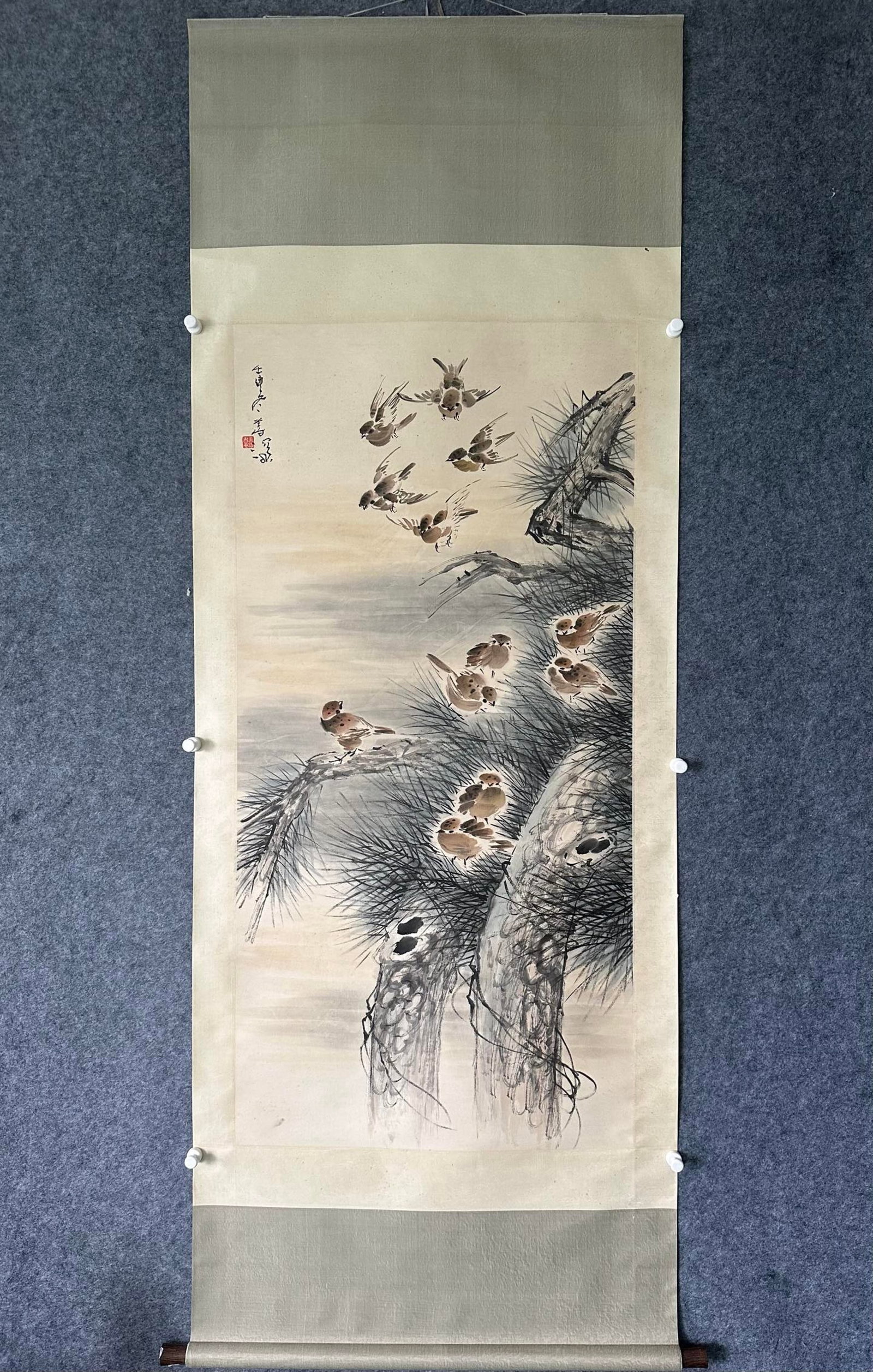 A Chinese Vertical Scroll Ink Painting of Flower and Bird on Paper: A Chinese Vertical Scroll Ink Painting of Flower and Bird on Paper,Yang Shanshen,Size:26.6inx54.3in