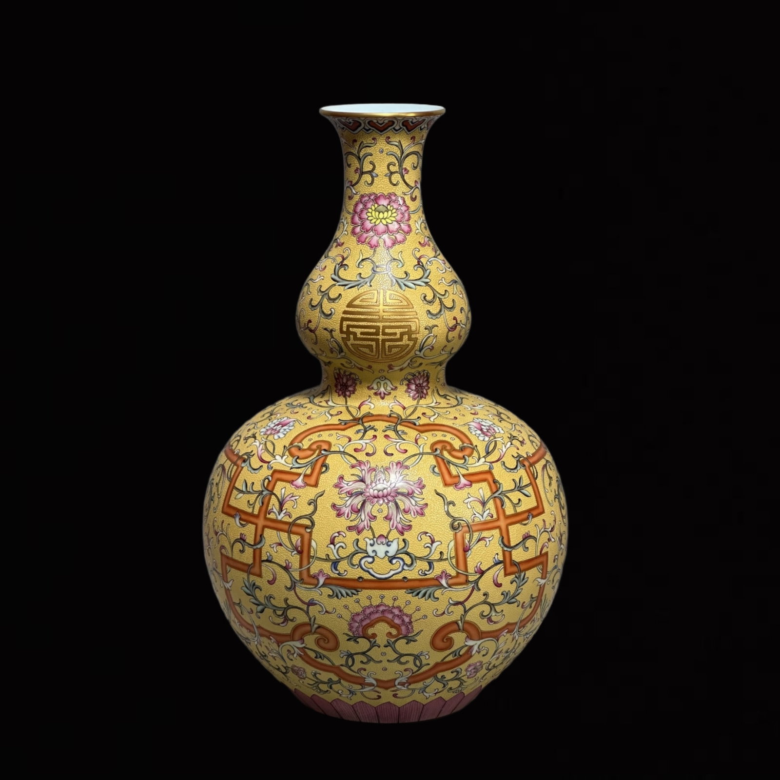 A Huge Enamel Yellow Ground Lotus Pattern Gourd Vase: A Huge Enamel Yellow Ground Lotus Pattern Gourd Vase ,Qing Dynasty,China,Qianlong Six-Character Mark,Size:16inx1in 珐琅彩黄地缠枝莲纹葫Ŏ