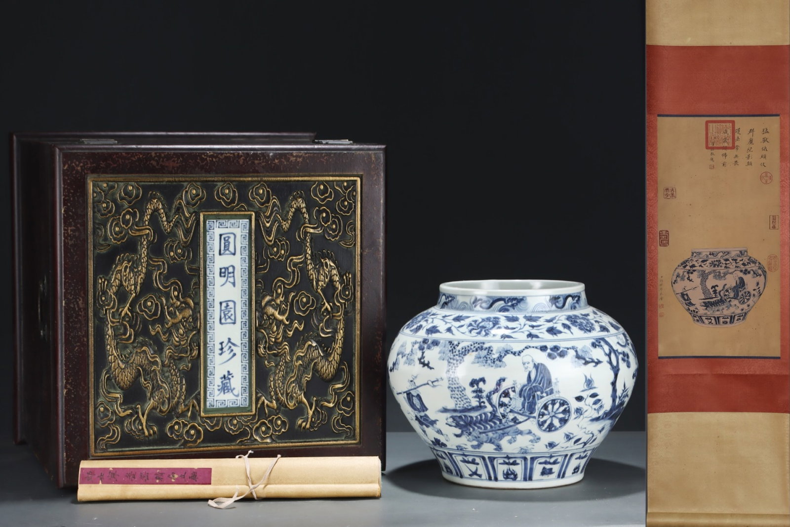 An Exquisite Blue and White Figure and Story Pattern Jar,with Chinese Vertical Scroll Ink Painting: An Exquisite Blue and White Figure and Story Pattern Jar,with Chinese Vertical Scroll Ink Painting on Silk,Yuan Dynasty,China,Size:(Without Frame)24.6inx12.6in,(Porcelain)10.3inx13.2in 青花