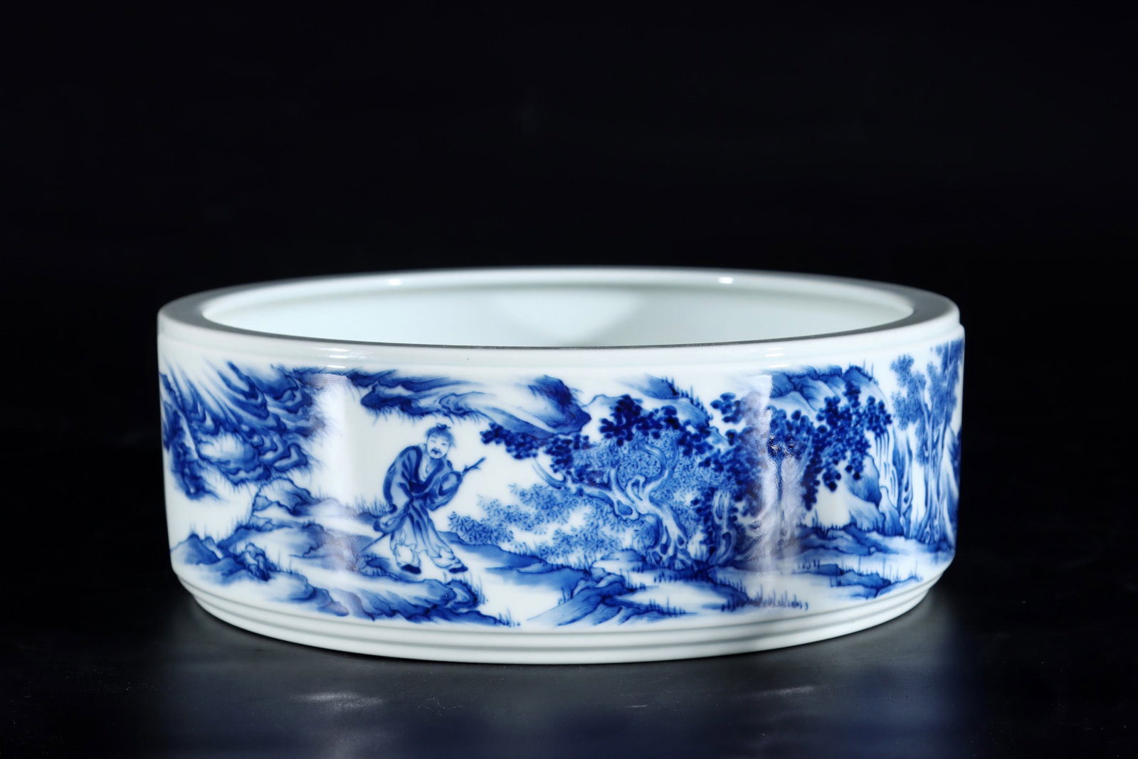 An Exquisite Blue and White Character and Story Pattern Brush Washer: An Exquisite Blue and White Character and Story Pattern Brush Washer,the Republic of China,With Mark,Size:3.1inx8.8in 青花人物故事纹笔洗,中&