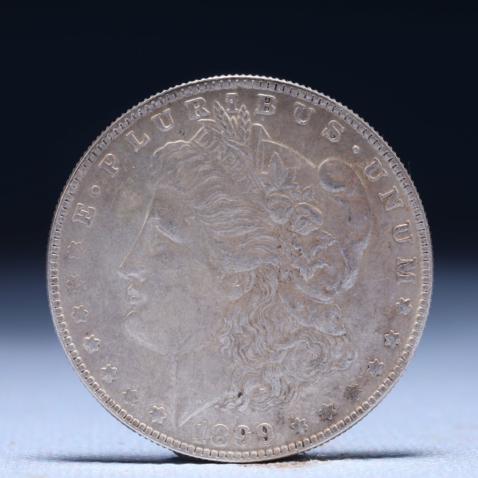 USA Morgan Dollar 1899 Coin: Obv: profile bust with date below and E PLURIBUS UNUM legend and stars around. Rev: eagle with In God we trust above within wreath with UNITED STATES OF AMERICA ONE DOLLAR legend. IN GOD WE TRUST / LI
