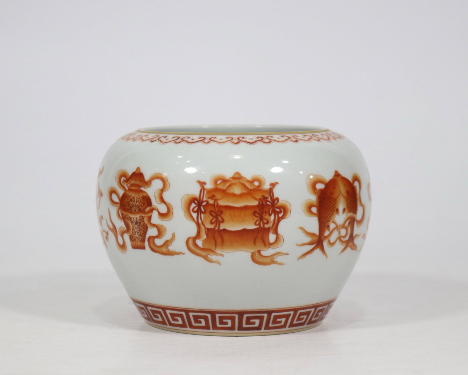 An Exquisite Iron-Red Eight Treasures Pattern Brush Washer: An Exquisite Iron-Red Eight Treasures Pattern Brush Washer,Qing Dynasty,China,Qianlong Six-character Mark,Size:3.5inx5.1in 矾红八宝纹笔洗,中国