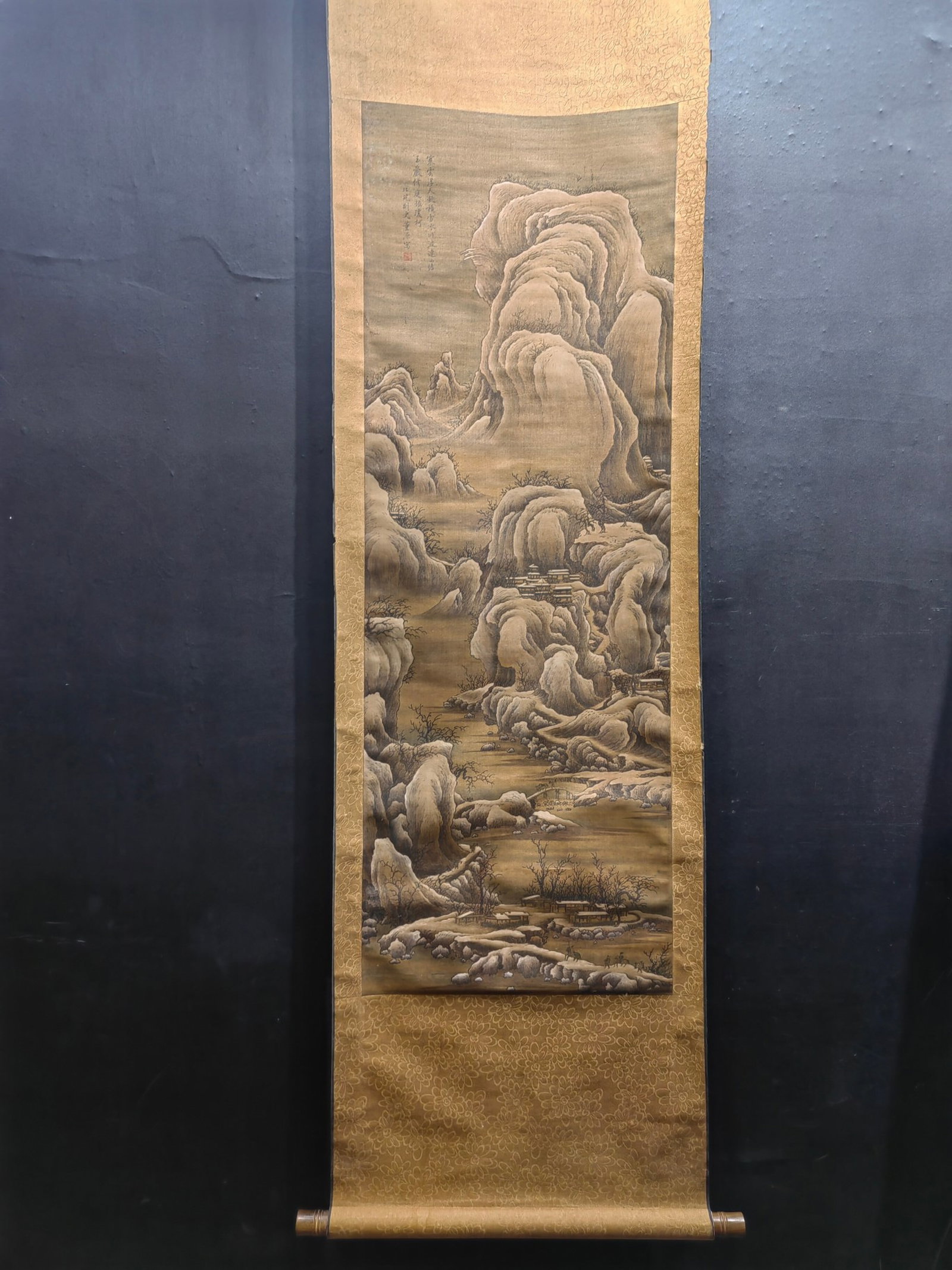 A Chinese Vertical Scroll Ink Painting of Landscape on Silk: A Chinese Vertical Scroll Ink Painting of Landscape on Silk,Dong Yuan,Size:19.3inx54.7in