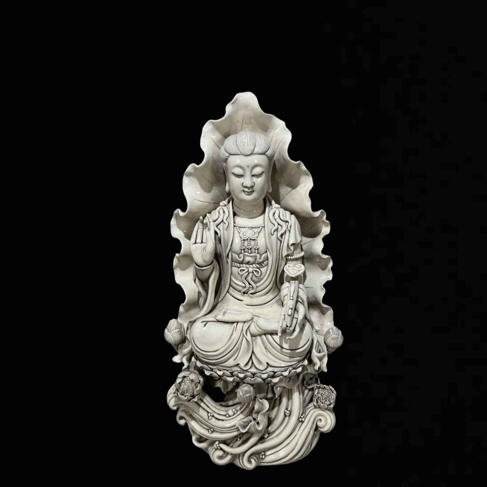 A Solemn Blance-De-Chine Statue of Avalokitesvara: A Solemn Blance-De-Chine Statue of Avalokitesvara,Ming Dynasty,China,He Chaozong Mark,Size:19.5in 德化瓷观音像,中国明代,何朝