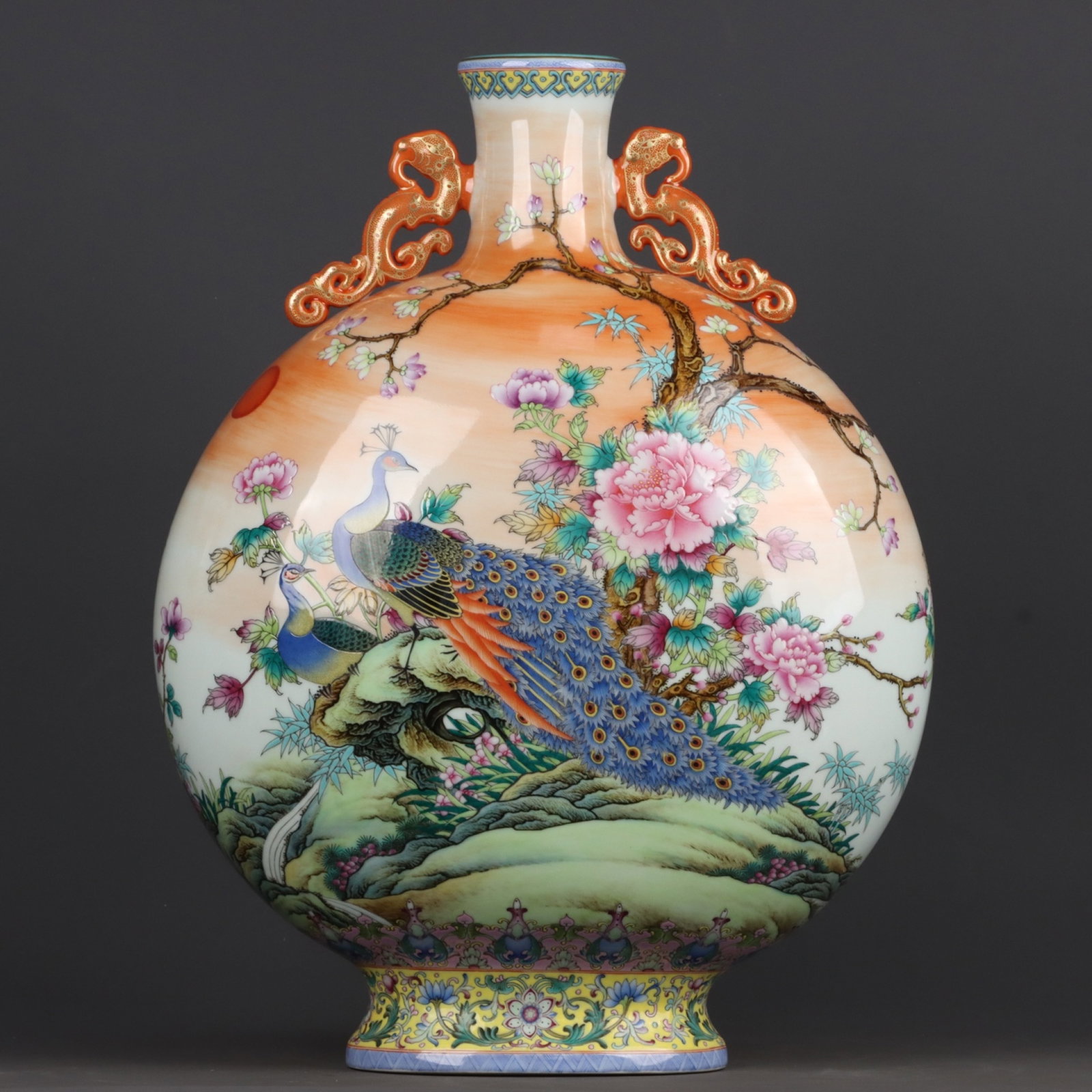 A Huge Enamel Painted Gold Peony and Phoenix Pattern Dragon-Ears Vase: A Huge Enamel Painted Gold Peony and Phoenix Pattern Dragon-Ears Vase,Qing Dynasty, China,Qianlong Six-character Mark,Size:19.7inx14.6in 珐琅彩描金牡丹凤