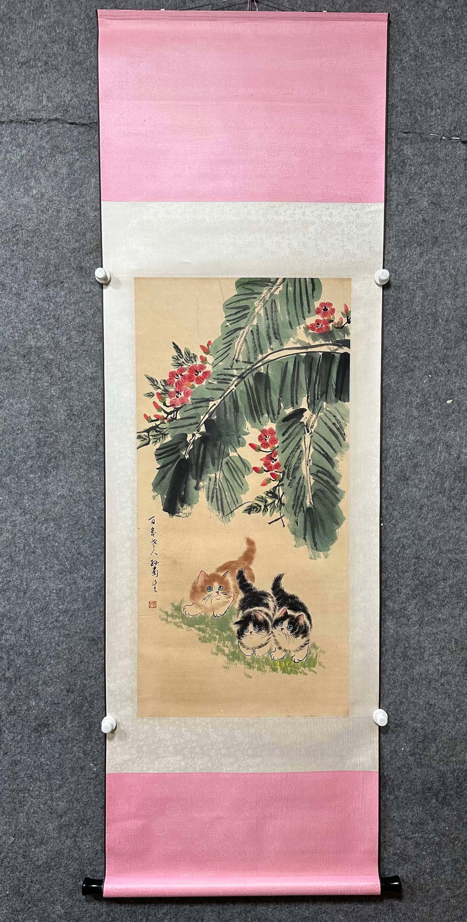 A Chinese Vertical Scroll Ink Painting of Cat on Paper: A Chinese Vertical Scroll Ink Painting of Cat on Paper,Sun Jusheng,Size:19.1inx39.2in 一幅中国水墨猫画立轴,孙菊生