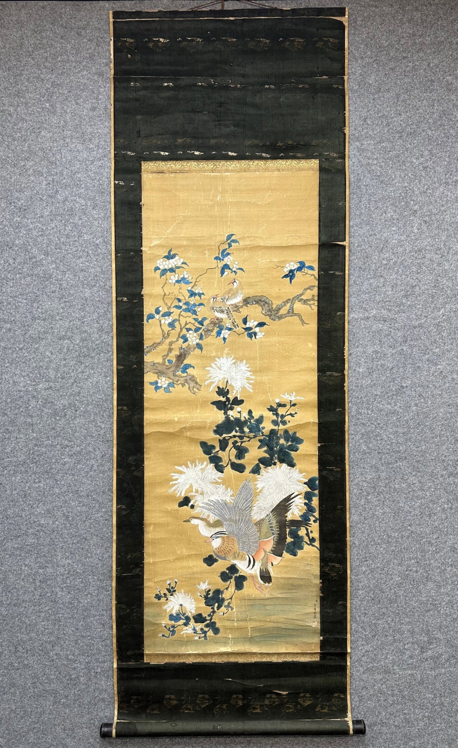 A Chinese Vertical Scroll Ink Painting of Flower and Bird on Silk (1 of 9)