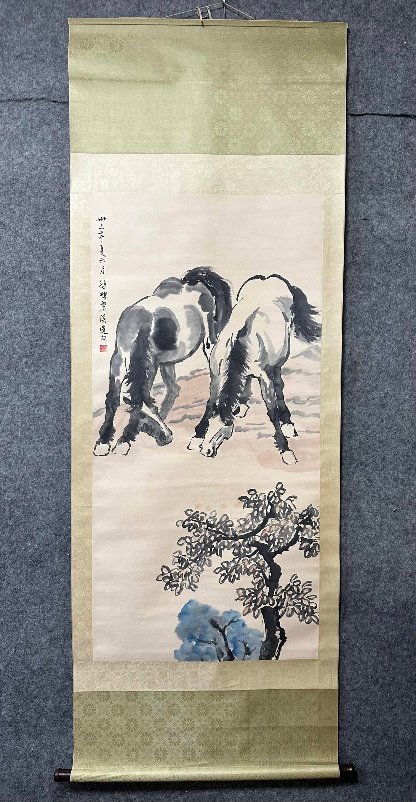 A Chinese Vertical Scroll Ink Painting of Horse on Paper: A Chinese Vertical Scroll Ink Painting of Horse on Paper,Xu Beihong,Size:26.8inx54.3in 一幅中国水墨骏马画立轴,徐悲鸿
