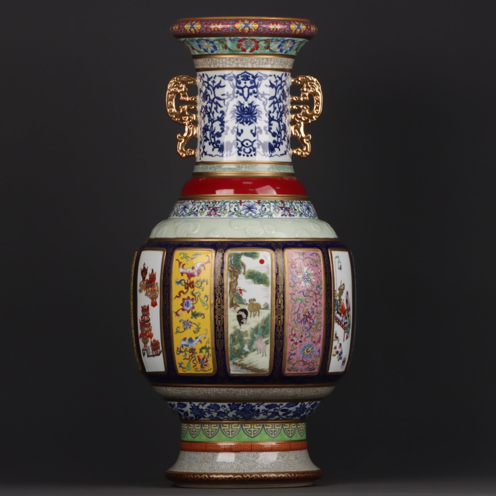 A Huge Enamel Gilt Flower and Bird Pattern Dragon-Ears Vase: A Huge Enamel Gilt Flower and Bird Pattern Dragon-Ears Vase,Qing Dynasty, China,Qianlong Six-character Mark,Size:24.4inx11.8in 珐琅彩鎏金花鸟纹龙&