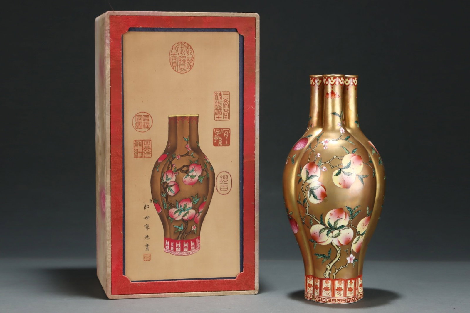 A Rare Famille-Rose Gilt Flower and Fruit Pattern Vase: A Rare Famille-Rose Gilt Flower and Fruit Pattern Vase,Qing Dynasty,China,Qianlong Four-character Mark,Size:12.1inx5.5in