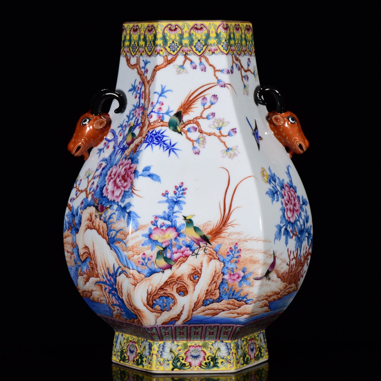 A Huge Enamel Flower and Bird Pattern Deer-Ears Jar,with Poem: A Huge Enamel Flower and Bird Pattern Deer-Ears Jar,with Poem,Qing Dynasty,China,Qianlong Six-Character Mark,Size:18.1inx13in 珐琅彩花鸟纹鹿耳罐,&