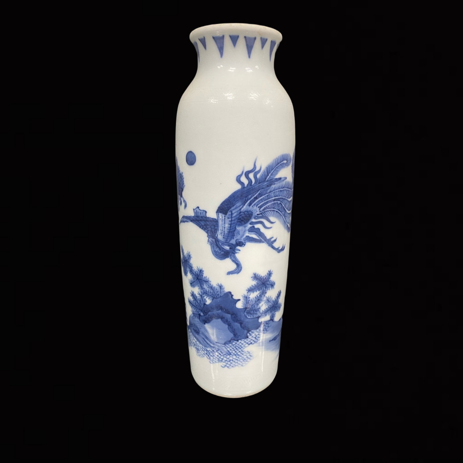 An Exquisite Blue and White Landscape and Phoenix Pattern Vase: An Exquisite Blue and White Landscape and Phoenix Pattern Vase,Qing Dynasty,China,Size:11.1inx2.5in 青花山水凤纹瓶,中国清代
