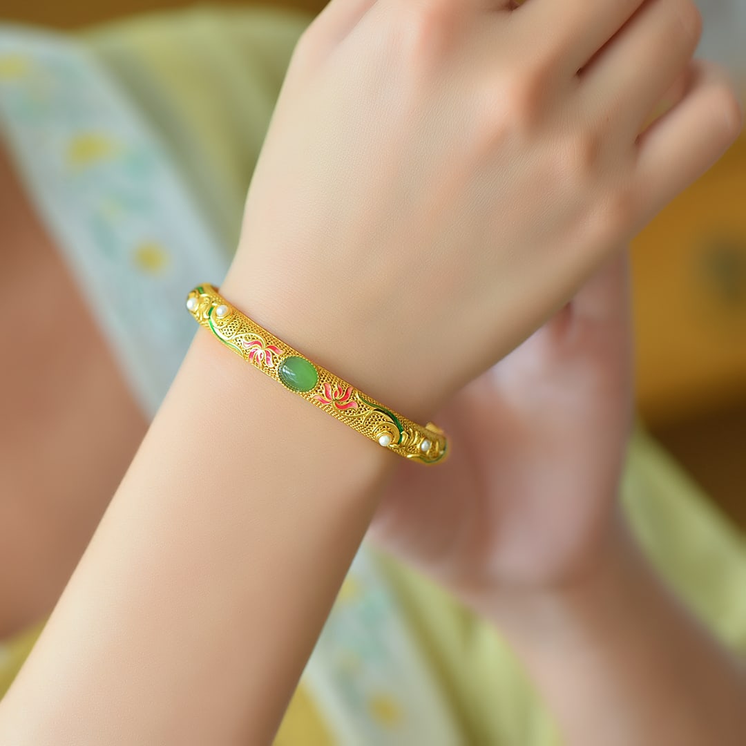 An Exquisite Sterling Silver-Gold Plated Inlaid Jasper Enamel Bracelets, Inlaid Pearl: An Exquisite Sterling Silver-Gold Plated Inlaid Jasper Enamel Bracelets, Inlaid Pearl,Size:6mmx8mm