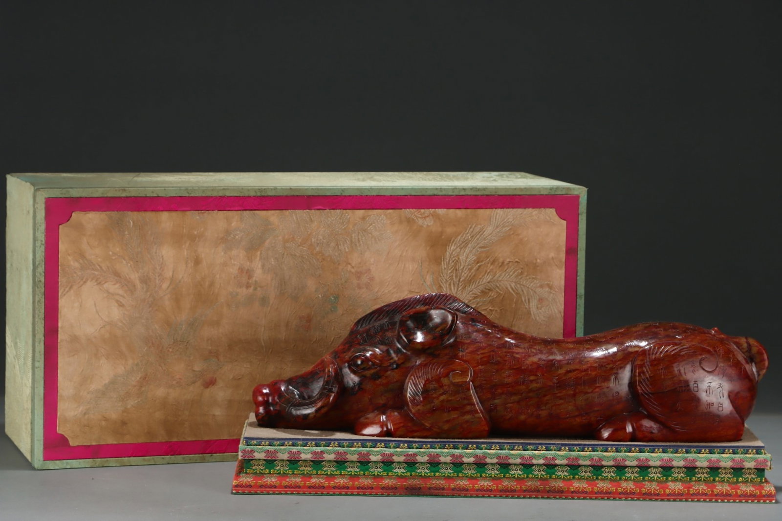 An Exquisite Archaic Jade Pig Ornament,with Inscription: An Exquisite Archaic Jade Pig Ornament,with Inscription,Size:6.5inx22.8in,Ancient Time,China