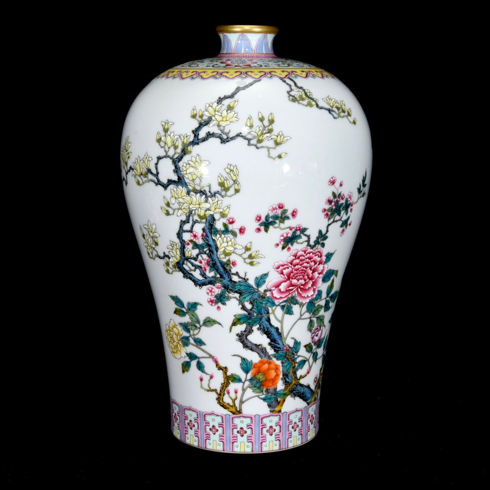 A Rare Enamel Flower and Bird Pattern Vase,with Poem: A Rare Enamel Flower and Bird Pattern Vase,with Poem,Qing Dynasty,China,Yongzheng Six-Character Mark,Size:13.2inx8.3in