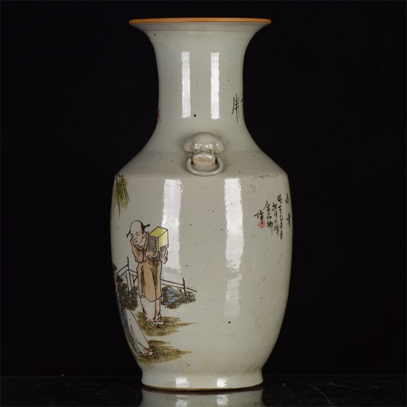 A Huge Famille-Rose Figure and Story Pattern Lion-Ears Vase,with Poem: A Huge Famille-Rose Figure and Story Pattern Lion-Ears Vase,with Poem,Qing Dynasty,China,Size:16.9inx7.9in