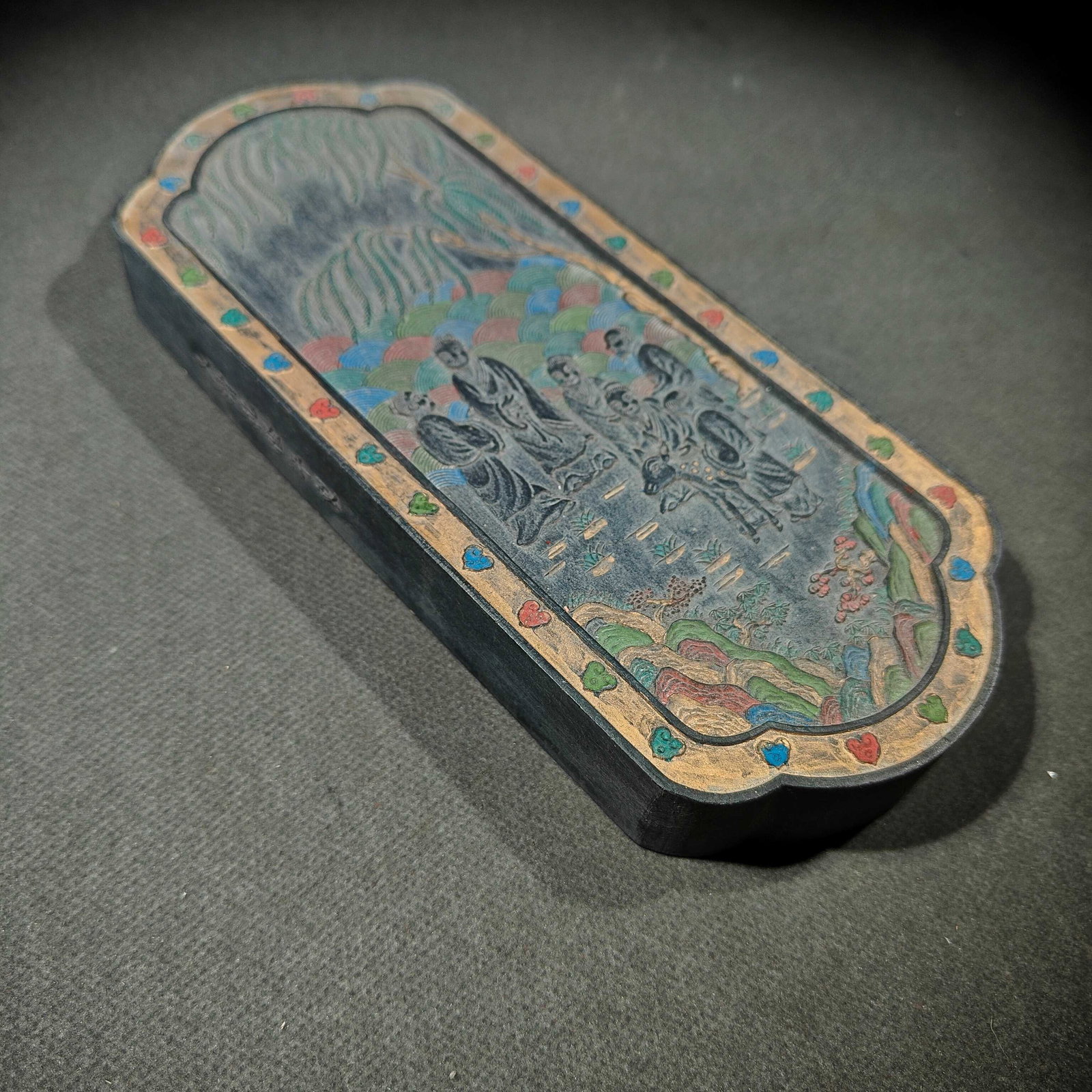 An Exquisite Gold-speckled Painted Color Character and Story Pattern Inkstone: An Exquisite Gold-speckled Painted Color Character and Story Pattern Inkstone,Qing Dynasty, China,Qianlong Six-character Mark,Size:8.3inx3.5inx1in,Weight:535g