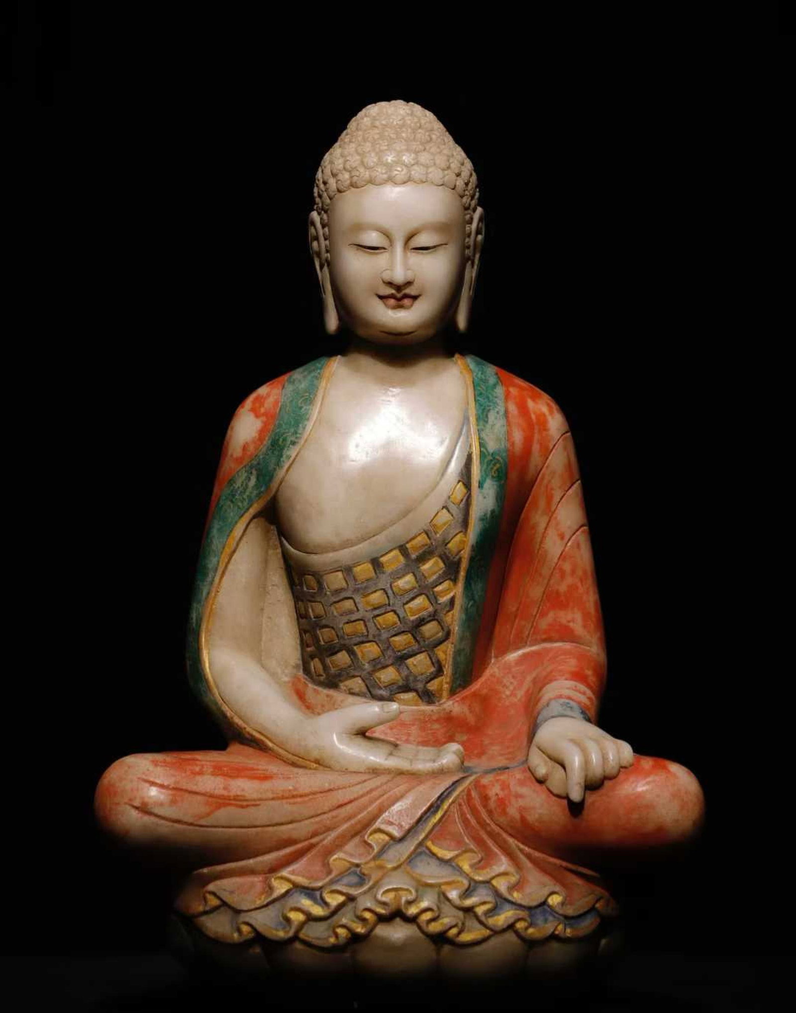 A Solemn Marble Painted Color Statue of Sakyamuni: A Solemn Marble Painted Color Statue of Sakyamuni,Tang Dynasty,China,Size:24.4inx15.7inx10.6in 汉白玉彩绘释迦摩尼像,中国唐