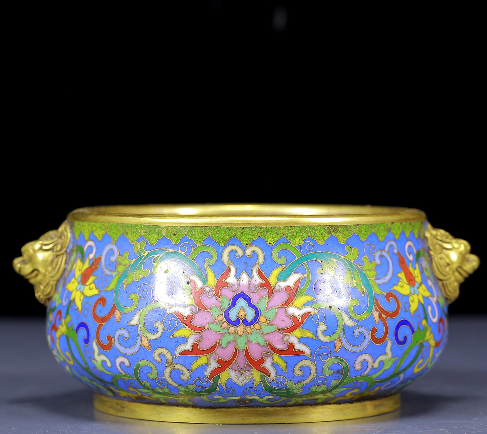 An Exquisite Cloisonne Lotus Pattern Double-Ears Censer: An Exquisite Cloisonne Lotus Pattern Double-Ears Censer,Qing Dynasty, China,Qianlong Four-character Mark,Size:5.9inx4.7inx2.4in,Weight:1345g