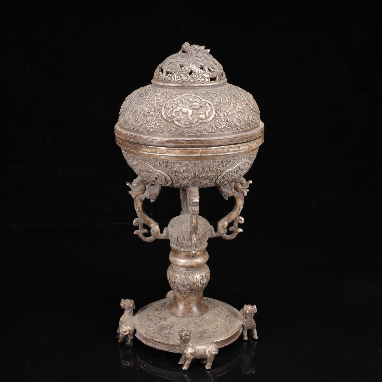 An Exquisite Silver-Plated Bronze Lotus Pattern Dragon-Ears and Beast-Ears Censer: An Exquisite Silver-Plated Bronze Lotus Pattern Dragon-Ears and Beast-Ears Censer,Qing Dynasty,China,Size:6.7inx13.4in,Weight:3150g 铜镀银缠枝莲纹龙 